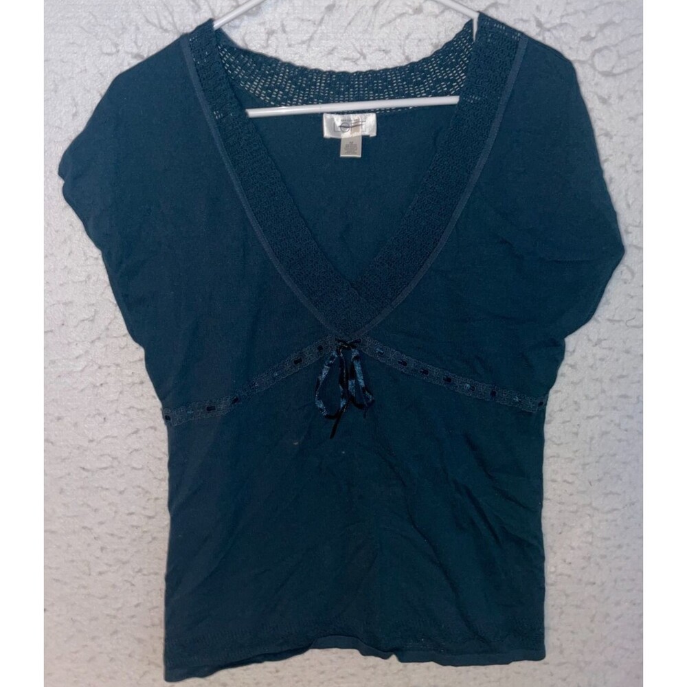 Ann Taylor LOFT Women's M Rayon Nylon Knit Crochet Sleeveless V-neck top Blue